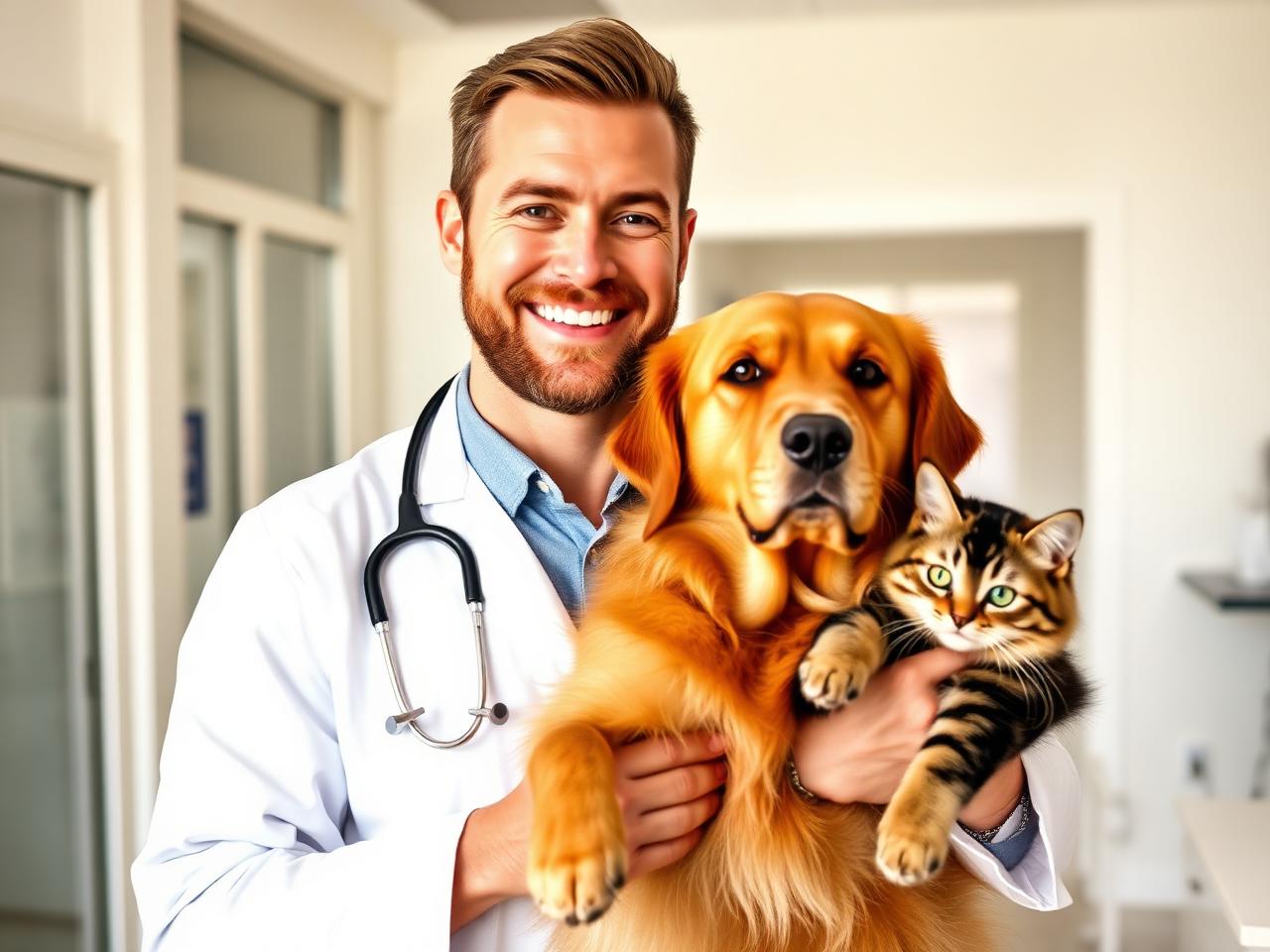 Veterinário com cão e gato